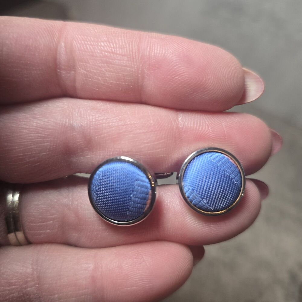 Stunning Vintage Silvertone Cuff links #D210 Sky Blue Fabric